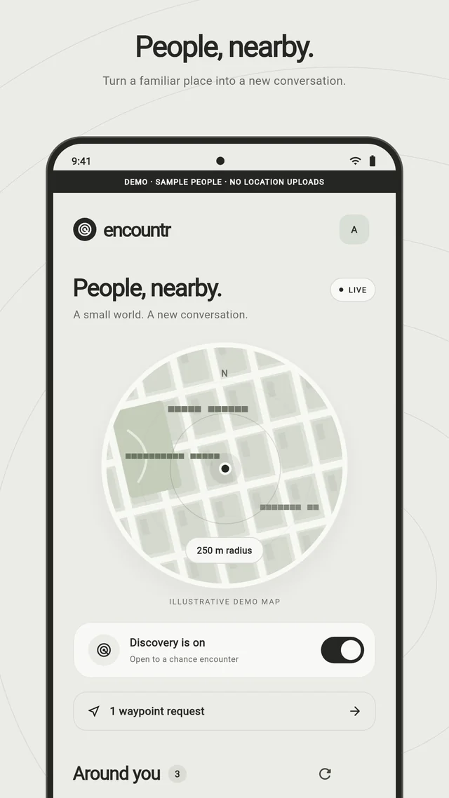 Demo nearby screen with a gray circular map and sample profiles.