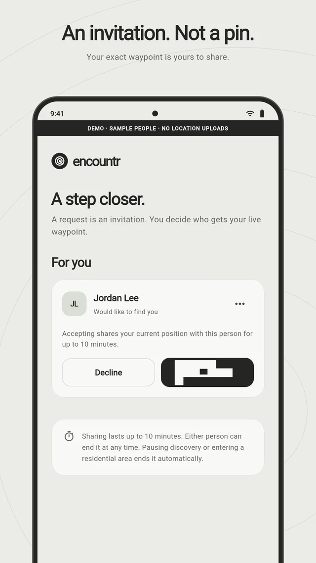 Real request screen explaining 10-minute sharing, with Decline and Share waypoint controls.