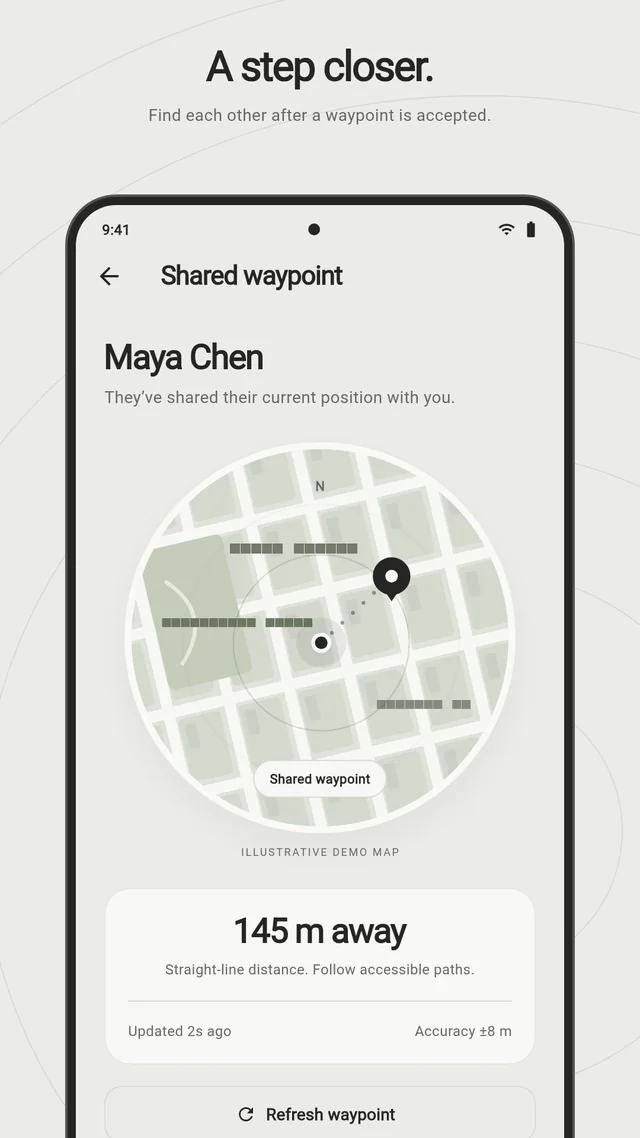 Accepted demo waypoint showing a map marker, freshness, and an End sharing control.