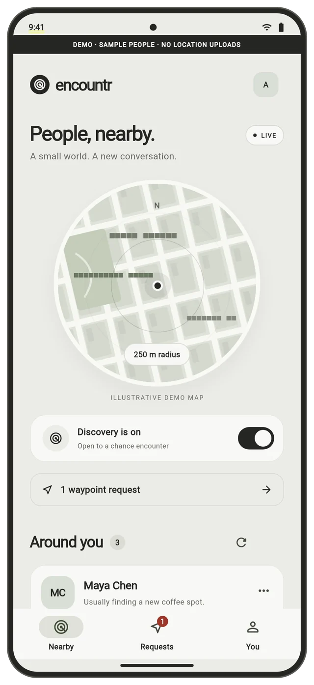Encountr's actual demo home: a circular map, discovery toggle, and a list of sample nearby people.